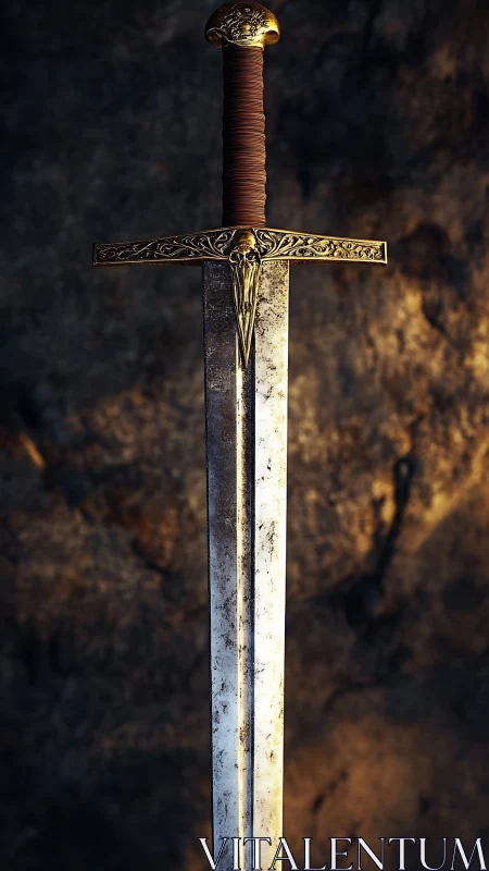 Medieval longsword with ornate gold hilt against stone wall.