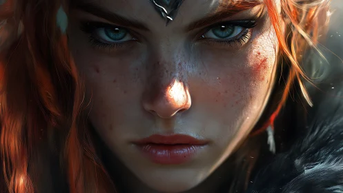 Close frontal portrait of red‑haired warrior character.