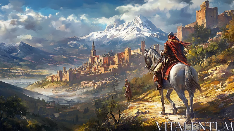 Mounted figure approaching fortified valley city at sunrise.