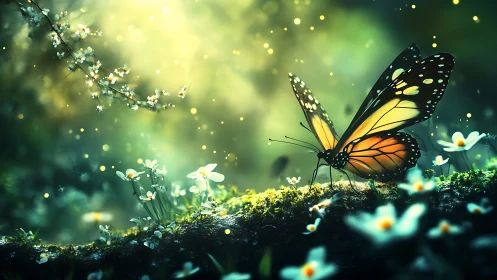 Gentle monarch butterfly resting in a dreamy spring glade.