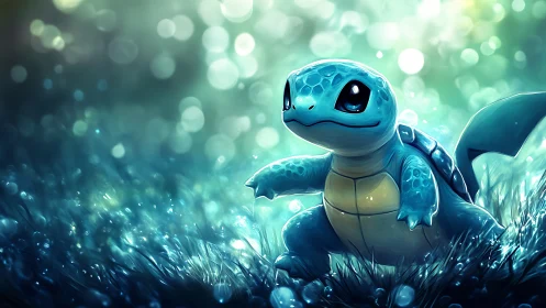 Shimmering meadow stroll with a bright blue turtle friend.