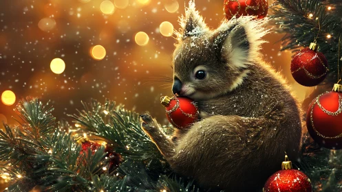 Koala nestles among glowing Christmas ornaments at dusk.