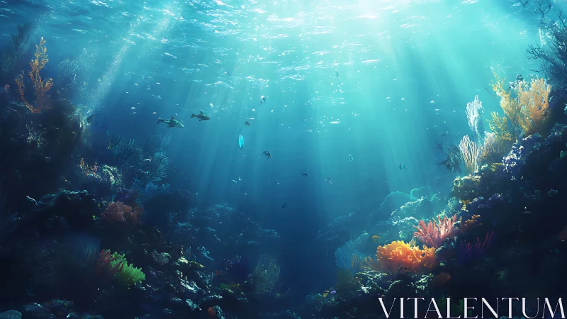 Digital painting of sunlit coral reef with dynamic depth cues.