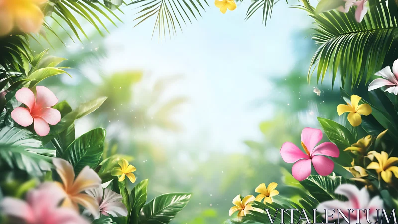 Tropical Paradise: Pink and Yellow Flowers Framed by Palm Leaves