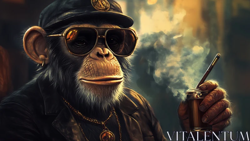 Cool chimp in leather jacket with smoking drink glass