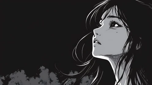 Melancholic anime girl gazes upward in stark monochrome night.