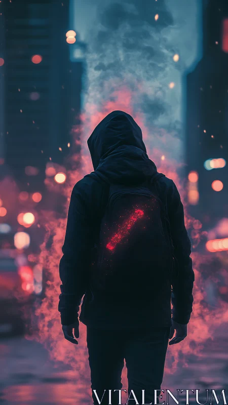 Hooded figure walks through neon city fog with glowing backpack