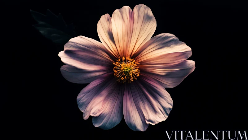 Cosmos flower with radial petals and golden center displaying soft chromatic gradation