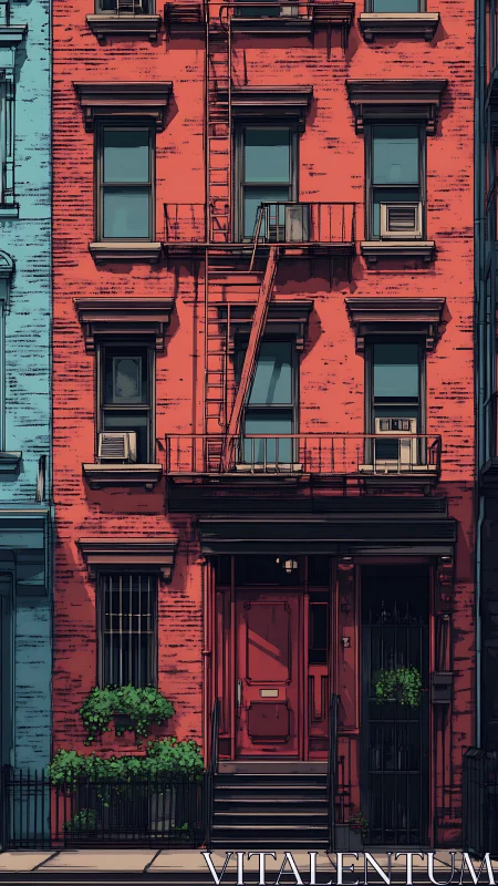 Scarlet city brownstone with teal windows and quiet fire escape.