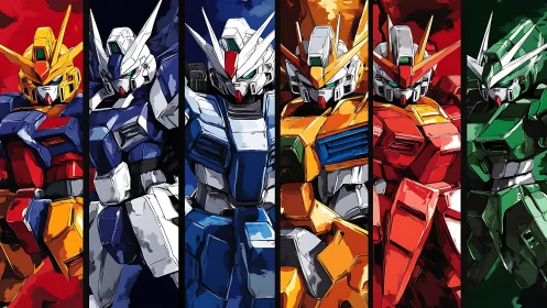 Multicolor panel layout of five armored mecha units, frontal