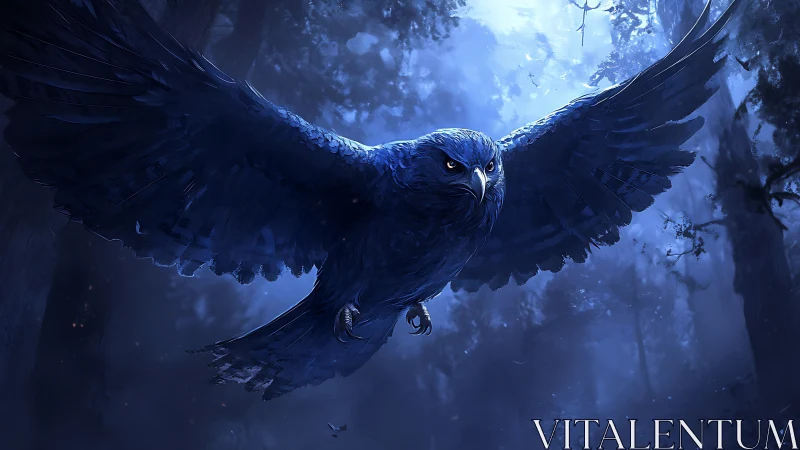Dark blue raptor with spread wings flying through forest.