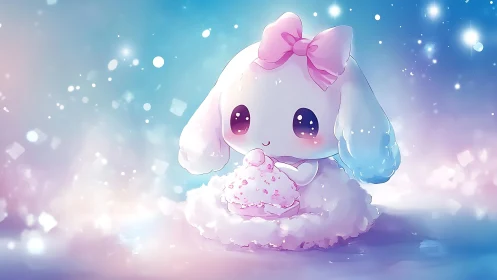 Pastel-toned chibi rabbit character rendered in soft-focus bokeh