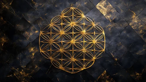 Geometric gold lattice emblem on dark marbled diamond tiles