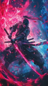 Sword wielding warrior in neon pink and blue abstract field.