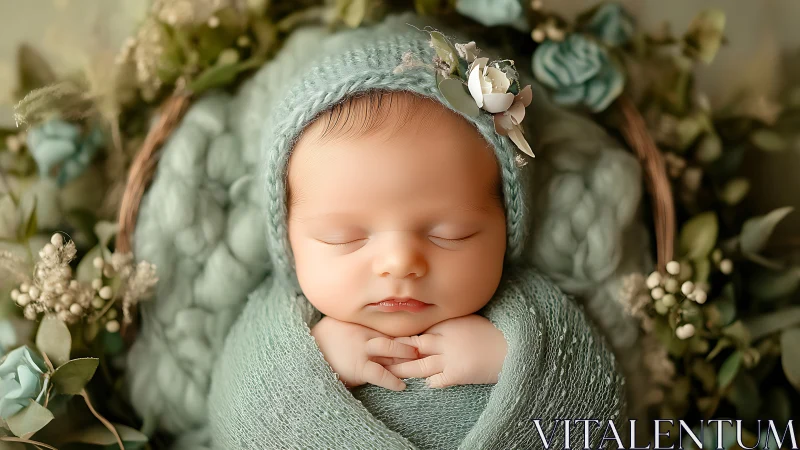 Peaceful Newborn Dreaming in Soft Garden Blossoms.
