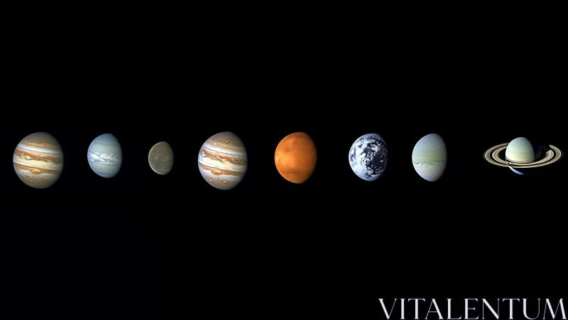 Solar system planets align over black cosmic backdrop.