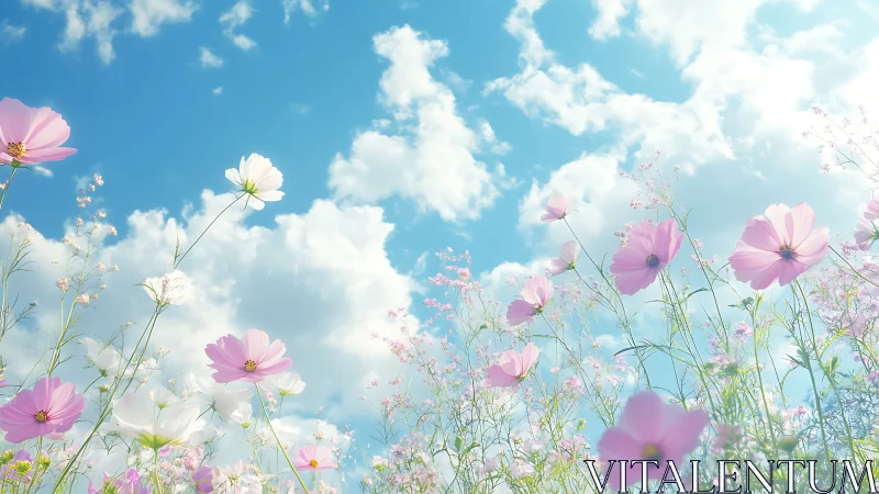 Cosmos and Daisies Blooming Against Summer Clouds.