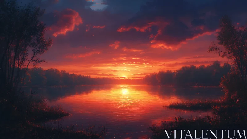 Sunset light reflecting across calm forest lake surface.