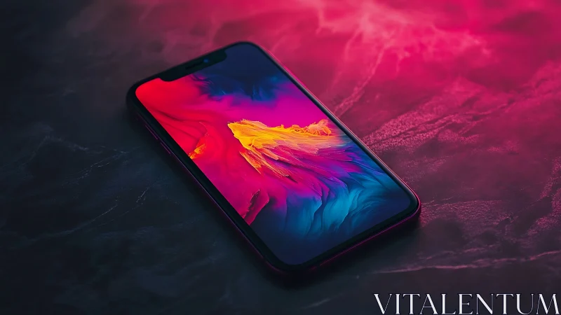 Smartphone displays vibrant abstract gradient with neon aurora effect.