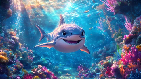 Smiling cartoon shark swims through high-saturation coral reef scene