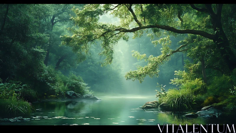 Misty River Through Ancient Forest Canopy.