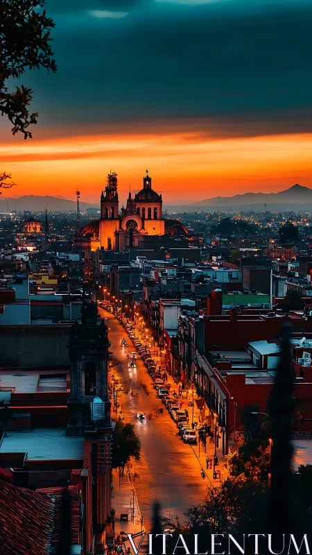 Sunset-lit cathedral over glowing city street at dusk.