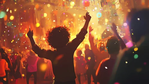 Crowd celebrates indoors under warm lights and falling confetti