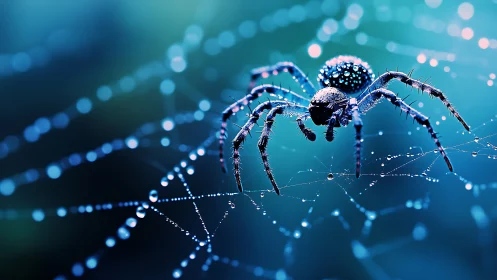 Spider crosses dewy web under cool blue bokeh light