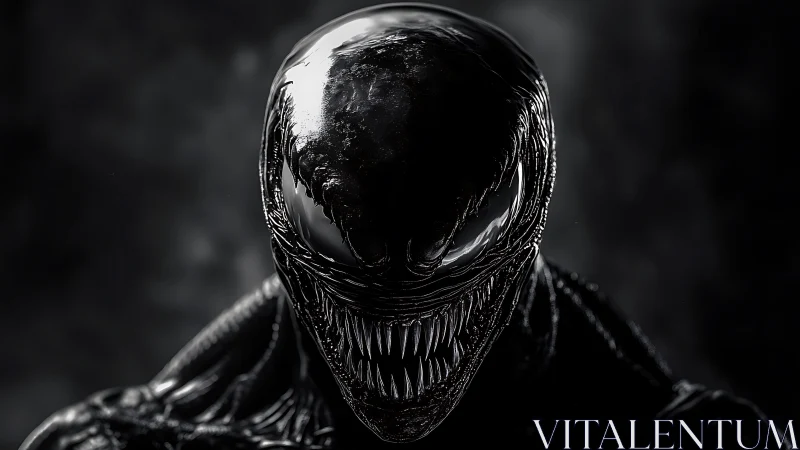 Glossy black creature head shows reflective surface and teeth