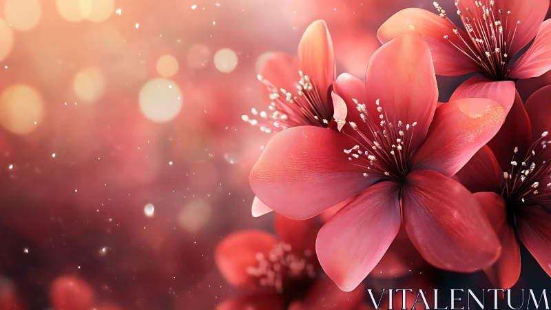 Coral Hibiscus Blooms with Bokeh Light and Particle Effects