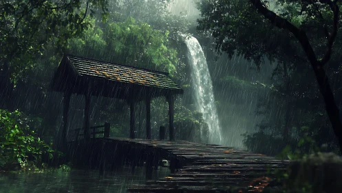 Rainy forest bridge rests beside a misty hidden waterfall