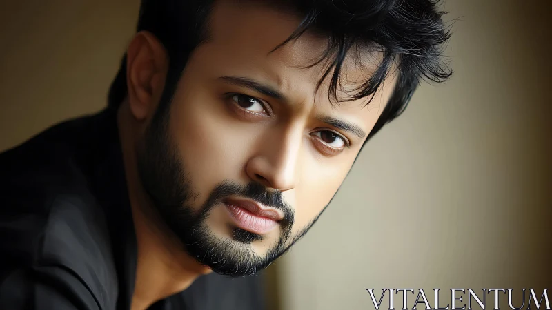 Moody close-up portrait with soulful gaze and soft glow.