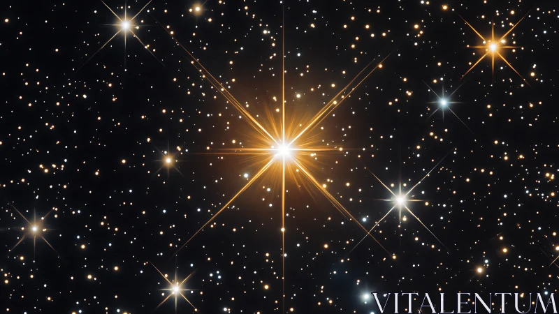 Golden starburst dominates dense galactic starfield view.