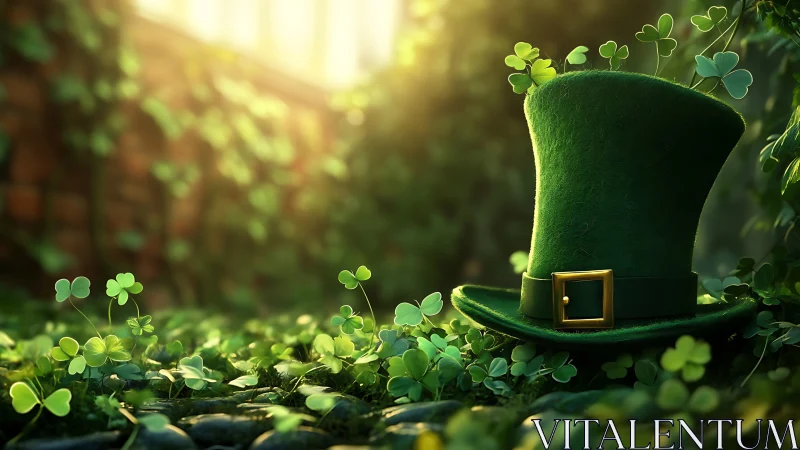 Green top hat among clover under soft sunlight outdoors.