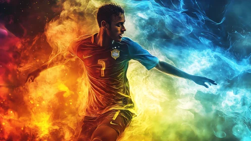 Digital soccer player silhouette in contrasting color smoke.