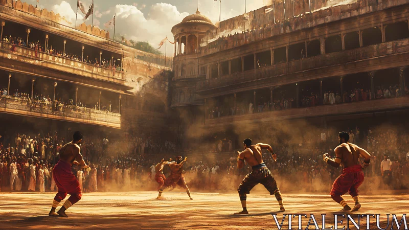 Historic arena combat under cinematic golden dust light.