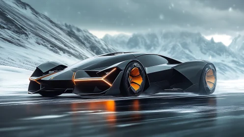 Futuristic hypercar slicing across icy mountain highway.