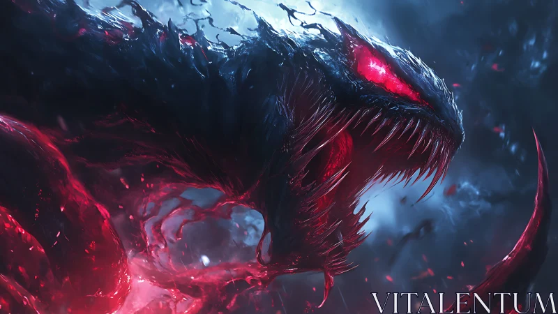 Ferocious red eyed monster in swirling dark energy.