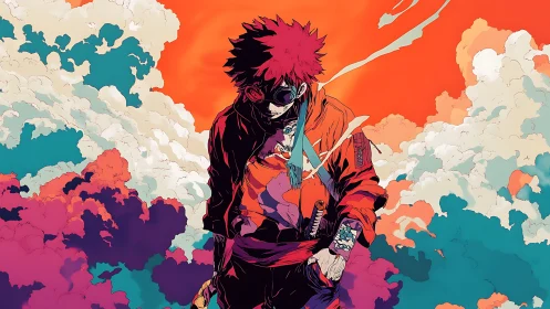 Gritty red-clad swordsman in stylized neon storm clouds.