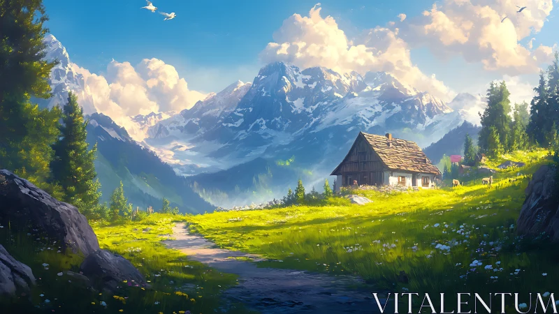 Sunlit alpine meadow cabin under towering snowy peaks.