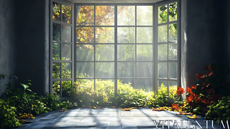 Sunlit bay window garden with creeping foliage and autumn light.