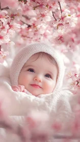 Cherub's Spring Whisper: Infant Dreams Beneath Blooming Pink Branches