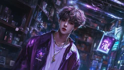 Neon-lit youth stands in moody cyberpunk alleyway at night.