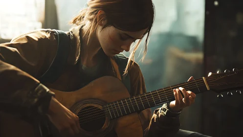 Young guitarist studies acoustic chords in soft window light