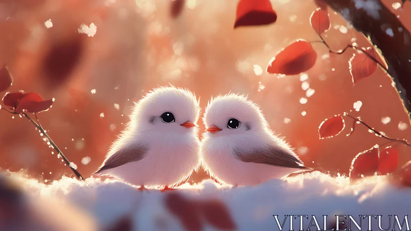 Ethereal Winter Birds: Twin Fluffy Companions Among Frost-Kissed Foliage.