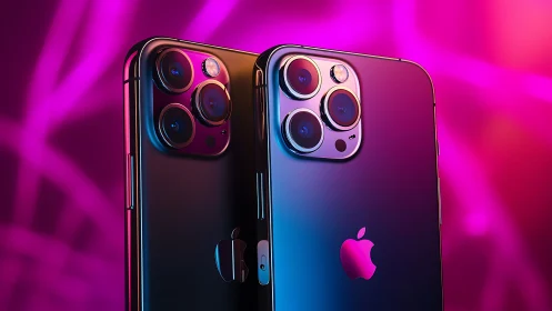 Two modern smartphones stand upright under magenta lighting