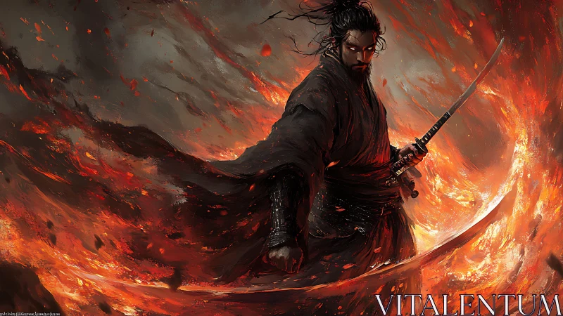 Flaming samurai warrior commands swirling inferno of power.