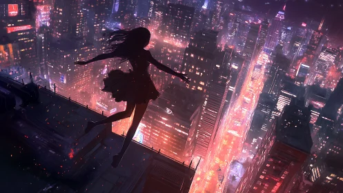 Silhouette girl poised above neon drenched cyber cityscape.