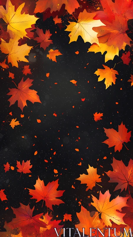 Autumn maple foliage framing dark negative space background.