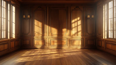 Sunlit paneled room renders classical interior light study